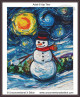 Snowman in a starry night style cross stitch with swirling sky and snowy landscape