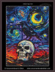 Cross stitch pattern of a skull with a crow perched on top against a swirling, Van Gogh-like night sky