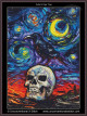  Cross stitch pattern of a skull with a crow perched on top against a swirling, Van Gogh-like night sky