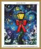 cross stitch pattern of a lamppost with red bow against a swirling blue and yellow sky in the style of Vincent Van Gogh