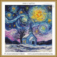  cross stitch pattern in the style of Vincent Van Gogh with starry night and a church