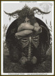 cross stitch pattern of a  mystical female figure with flowers and horns, surrounded by foliage and an exposed skeletal ribcage
