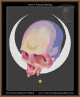 cross stitch pattern of a colourful skull with a crescent moon on its forehead, surrounded by a white crescent