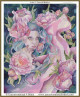  Cross stitch image of a woman with pastel hair surrounded by pink and peach peonies and a hammerhead shark