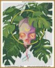 cross stitch pattern of a skull with crescent moon against monstera leaves surrounded by a gold circle and a crystal hanging below