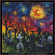 The cross-stitch pattern is a vibrant representation blending elements of a graveyard at night with a swirling, colourful sky reminiscent of a famous Vincent Van Gogh The Starry Night