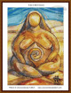 cross stitch pattern of a seated faceless figure with a spiral on the abdomen, in earthy tones with a blue sky background