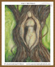 cross stitch pattern of an abstract human figure in a tree trunk with green foliage background