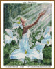 cross stitch pattern of a figure reaching upward, surrounded by large white flowers with yellow centers and green foliage, under soft sunlight