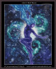  cross stitch pattern of a purple humanoid figure floats in a starry cosmic backdrop with swirling blue and teal patterns