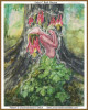 cross stitch pattern of a mystical figure intertwined with a tree, adorned with red flowers and surrounded by green leaves