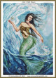  cross stitch  pattern of a mermaid amidst swirling ocean waves, with a green tail and a pearl in her hand