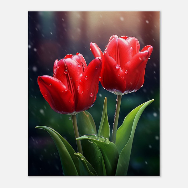 Rain-Kissed  Red Tulip Pair
