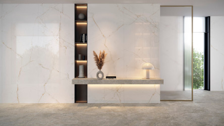 Stunning Wall featuring Dual White Polished Marble Look Porcelain