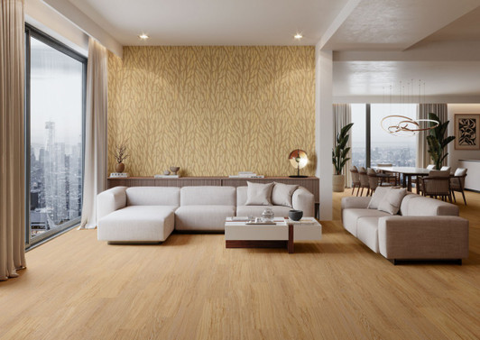Chic living room with Redwood Plank Tile and Coordinating Forest Deco
