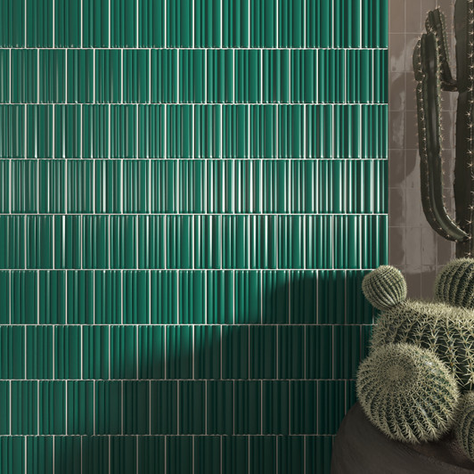 green fluted subway tile wall