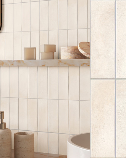 Sophisticated modern kitchen featuring Biscuit Almond Stacked Brick effect tile Sophisticated modern kitchen featuring Biscuit Almond Stacked Brick effect tile