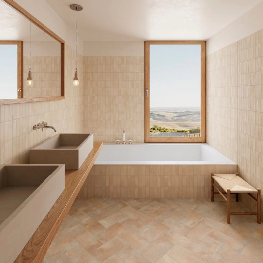 Warm spa bathroom featuring Biscuit Cream stacked brick effect tile