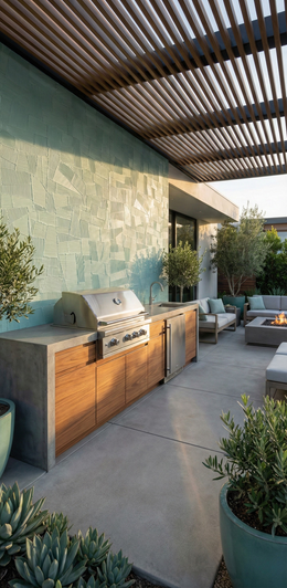 Stunning outdoor kitchen featuring Paper Clay Verde large format wall tile
