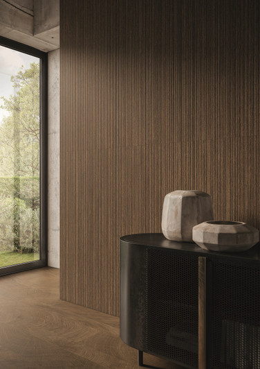 3D Fluted accent wall featuring Circles Wenge 3D slats