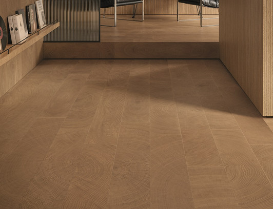 Circles Walnut 8x48 plank featured on a floor
