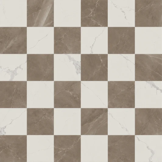 Luxury Checkerboard tile in Amani Bronze + Calacatta matte 12x24 porcelain