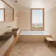 Warm spa bathroom featuring Biscuit Cream stacked brick effect tile