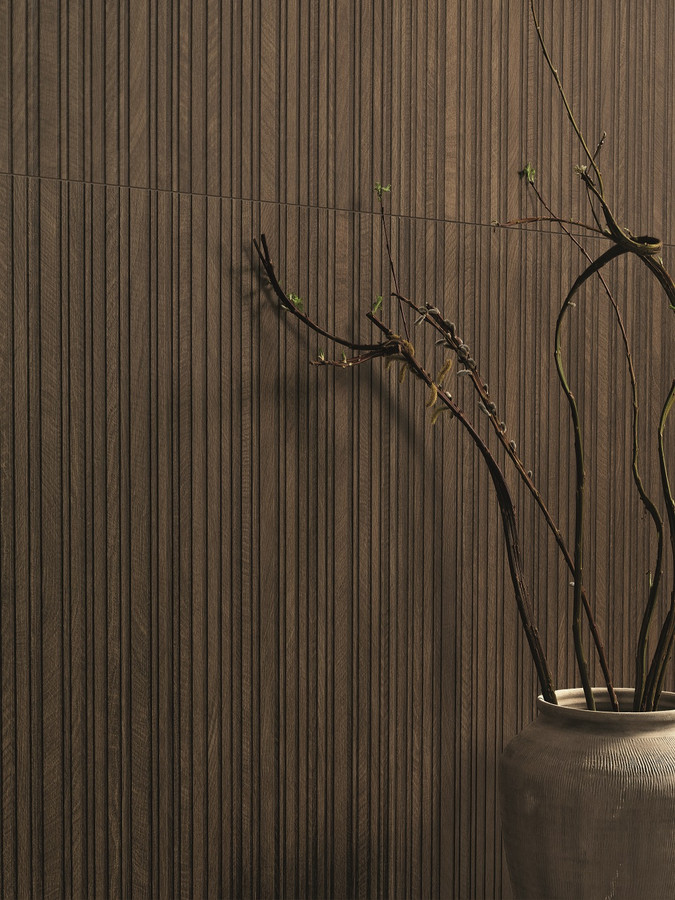Close up of Circles Wenge 3D Slats Porcelain Tile