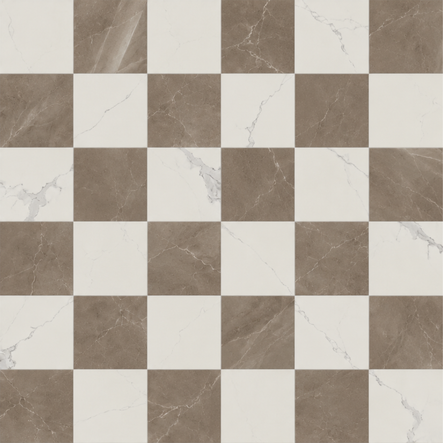 Luxury Checkerboard tile in Amani Bronze + Calacatta matte 12x24 porcelain