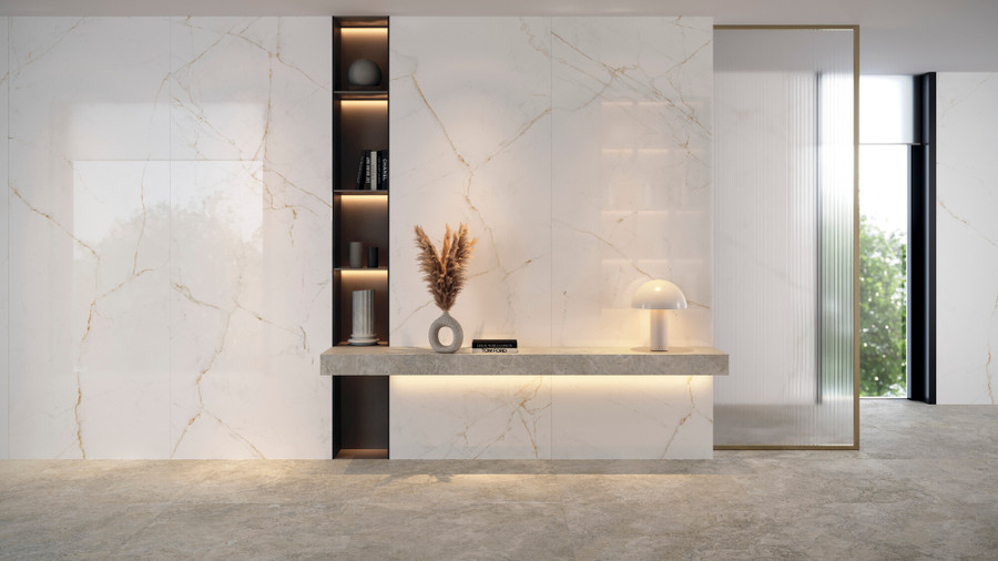Stunning Wall featuring Dual White Polished Marble Look Porcelain