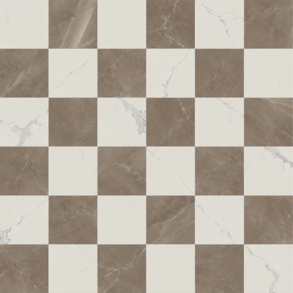 Luxury Checkerboard tile in Amani Bronze + Calacatta matte 12x24 porcelain