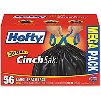 Hefty; CinchSak Drawstring Trash Bags, 30 Gallons, 1.05 Mils, Black, Box Of 56
