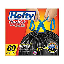 Hefty; CinchSak; Drawstring Large Trash Bags, Black, 30 Gallons, Box Of 60