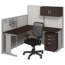 Bush Business Furniture Office-In-An-Hour L-Workstation With Storage & Chair, 63 inch;H x 65 inch;W x 65 inch;D, Mocha Cherry, Premium Installation