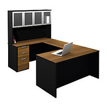 Bestar Pro-Concept U-Shaped Workstation With High Hutch, Chocolate Milk/Bamboo/Black