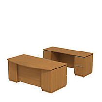 Bush Business Furniture Milano2 Bowfront Double Pedestal Desk With Credenza, 29 3/16 inch; x 71 1/8 inch; x 101 7/16 inch;, Golden Anigre, Premium Delivery Service