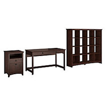 Bush Furniture Buena Vista Collection Engineered Wood Writing Desk With 2-Drawer Pedestal And 16-Cube Bookcase, 60 1/4 inch;H x 60 3/16 inch;W x 23 1/4 inch;D, Madison Cherry, Standard Delivery