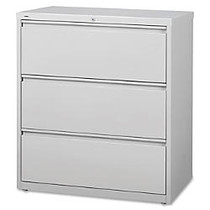 Lorell 3-Drawer Lt. Gray Lateral Files - 36 inch; x 18.6 inch; x 40.3 inch; - 3 x Drawer(s) for File - Letter, Legal, A4 - Lateral - Locking Drawer, Magnetic Label Holder, Ball-bearing Suspension, Leveling Glide - Light Gray - Steel - Recycled
