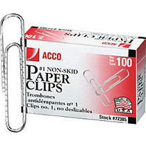 ACCO; Economy #1 Paper Clips - No. 1 - 10 Sheet Capacity - Non-skid, Strain Resistant, Corrosion Resistant, Galvanized, Non-slip Grip - 100 / Box - Silver - Metal, Zinc Plated