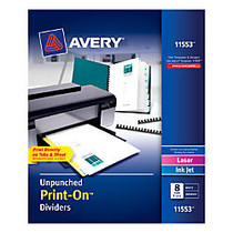 Avery; Print-On&trade; 30% Recycled Dividers, 8 1/2 inch; x 11 inch;, Unpunched, 8-Tab, White Dividers/White Tabs, Pack Of 5 Sets