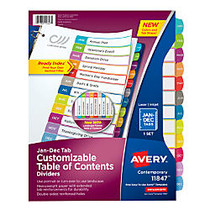 Avery; Ready Index; Table Of Contents Dividers, 8 1/2 inch; x 11 inch;, White/Multicolor, Pack Of 12