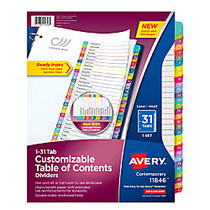 Avery; Ready Index; Table Of Contents Dividers, 8 1/2 inch; x 11 inch;, White/Multicolor, Pack Of 31