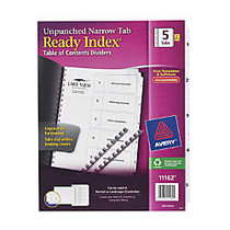 Avery; Ready Index; Table Of Contents Narrow 5-Tab Dividers, 8 1/2 inch; x 11 inch;, 30% Recycled, White, Pack Of 5