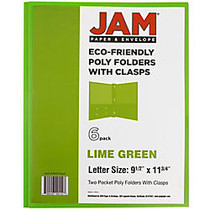 JAM Paper; 2-Pocket School Folder With Clasps, 9 1/2 inch; x 11 1/2 inch;, 1 inch; Capacity, Lime Green