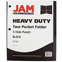 JAM Paper; 3-Hole-Punched 2-Pocket Presentation Folders, 9 inch; x 12 inch;, 1 inch; Capacity, Black, Pack Of 6