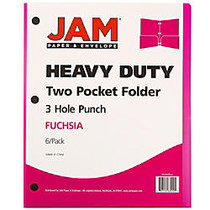 JAM Paper; 3-Hole-Punched 2-Pocket Presentation Folders, 9 inch; x 12 inch;, 1 inch; Capacity, Fuchsia Pink, Pack Of 6