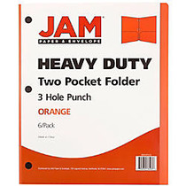 JAM Paper; 3-Hole-Punched 2-Pocket Presentation Folders, 9 inch; x 12 inch;, 1 inch; Capacity, Orange, Pack Of 6