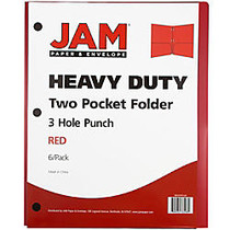 JAM Paper; 3-Hole-Punched 2-Pocket Presentation Folders, 9 inch; x 12 inch;, 1 inch; Capacity, Red, Pack Of 6