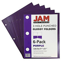 JAM Paper; Glossy 3-Hole-Punched 2-Pocket Presentation Folders, 9 1/2 inch; x 11 1/2 inch;, 1 inch; Capacity, Purple, Pack Of 6