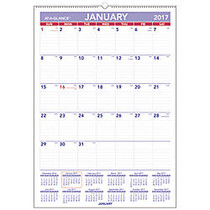 AT-A-GLANCE; Monthly Wall Calendar, 12 inch; x 17 inch;, 30% Recycled, Blue/Red, January to December 2017
